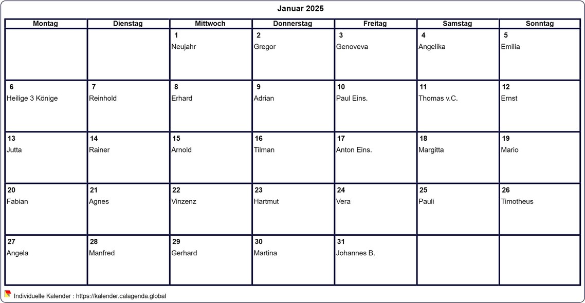 Kalender Januar 2025 leer ausdrucken