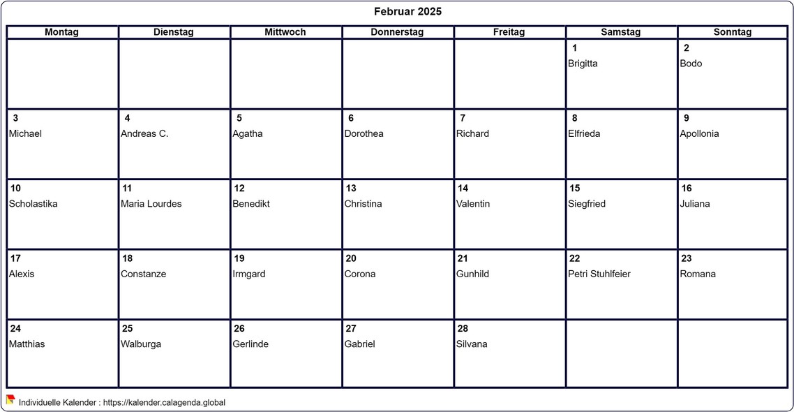 Kalender Februar 2025 leer ausdrucken