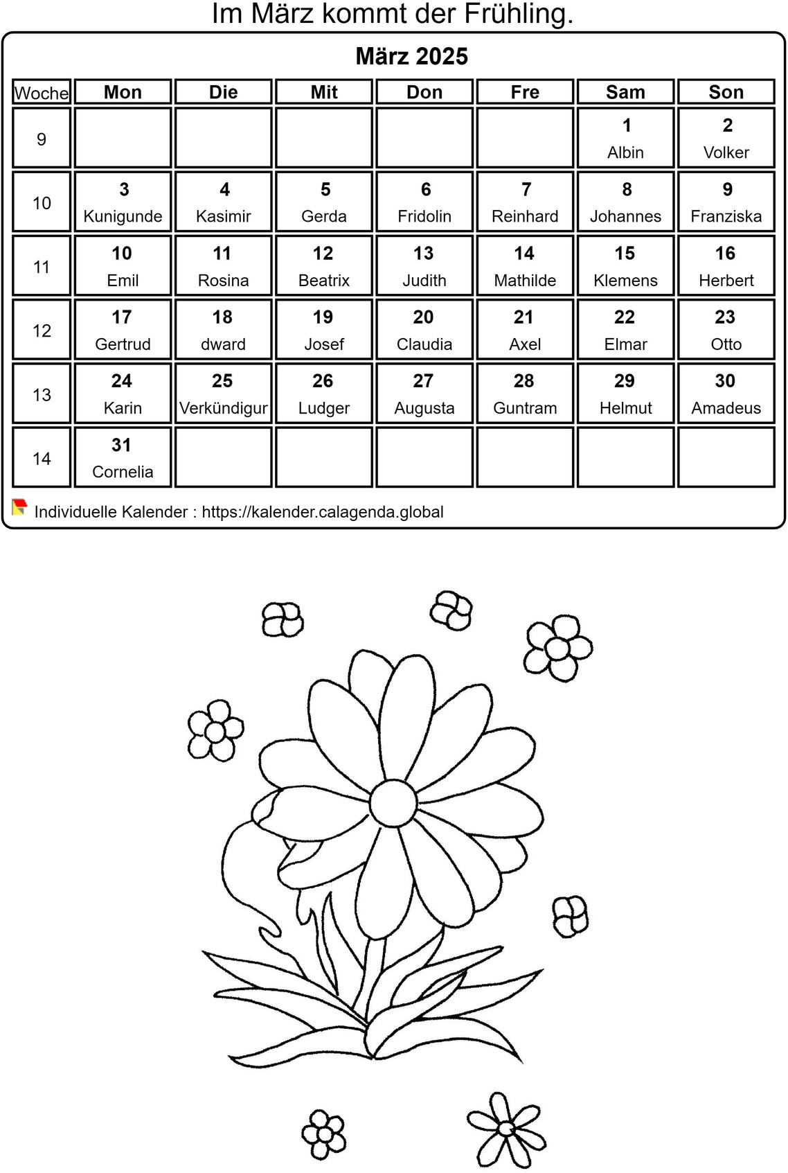 Kalender ausmalen März 2025