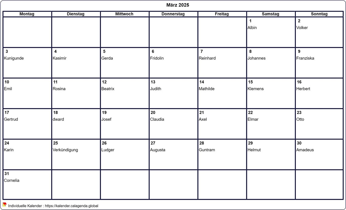 Kalender März 2025 leer ausdrucken