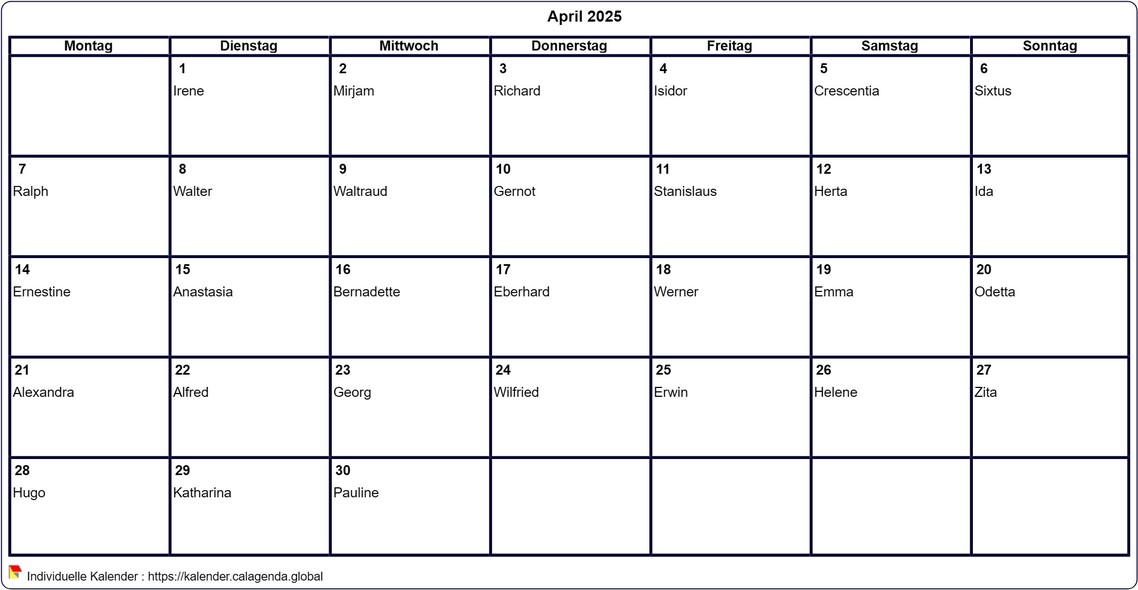 Kalender April 2025 leer ausdrucken