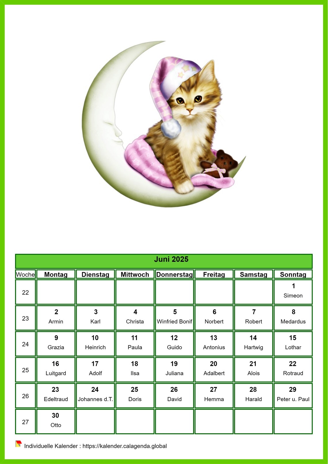 Kalender Juni 2025 Katzen