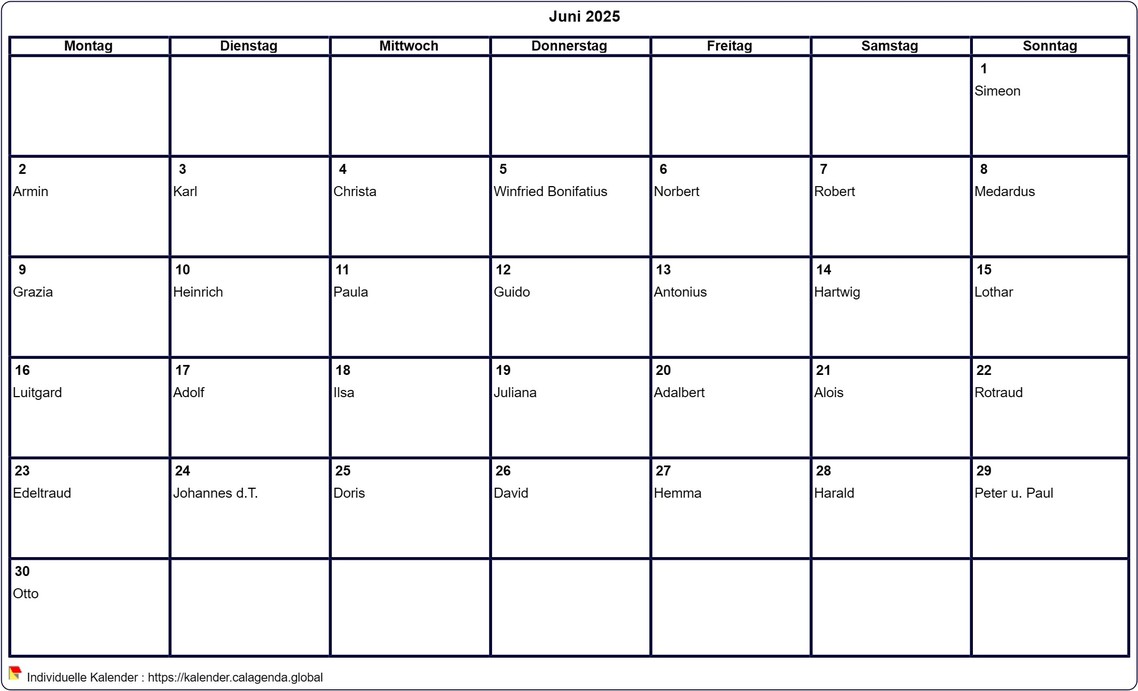 Kalender Juni 2025 leer ausdrucken