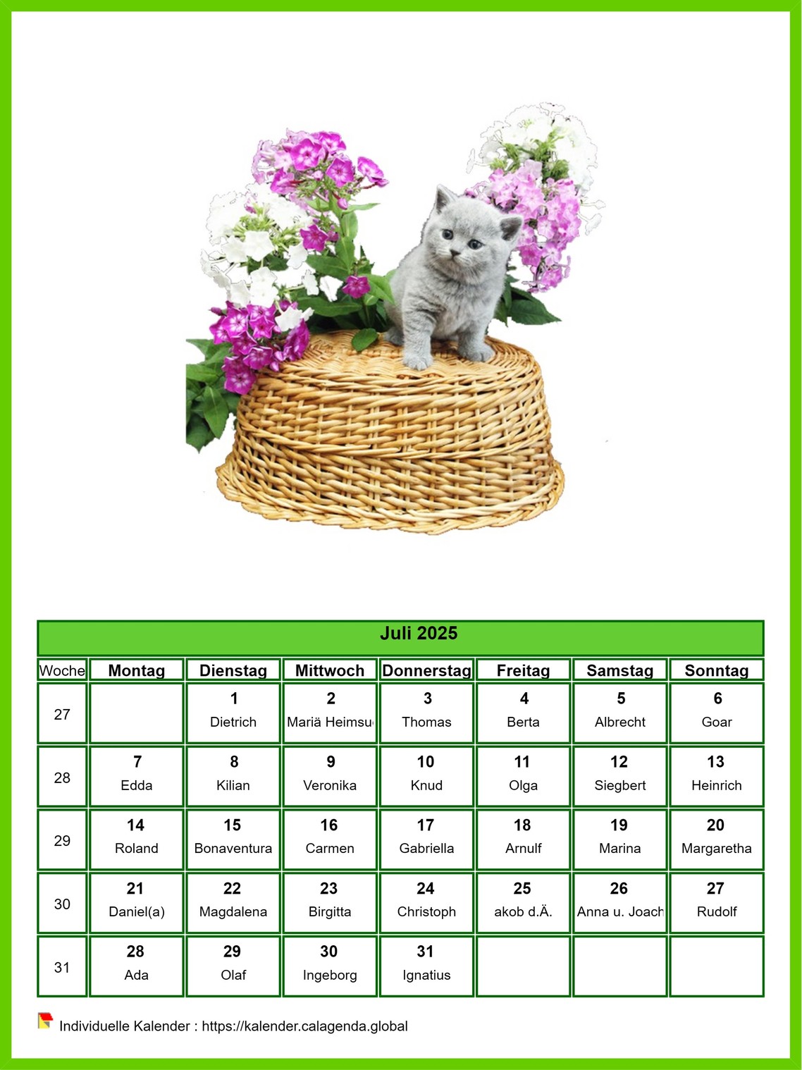 Kalender Juli 2025 Katzen