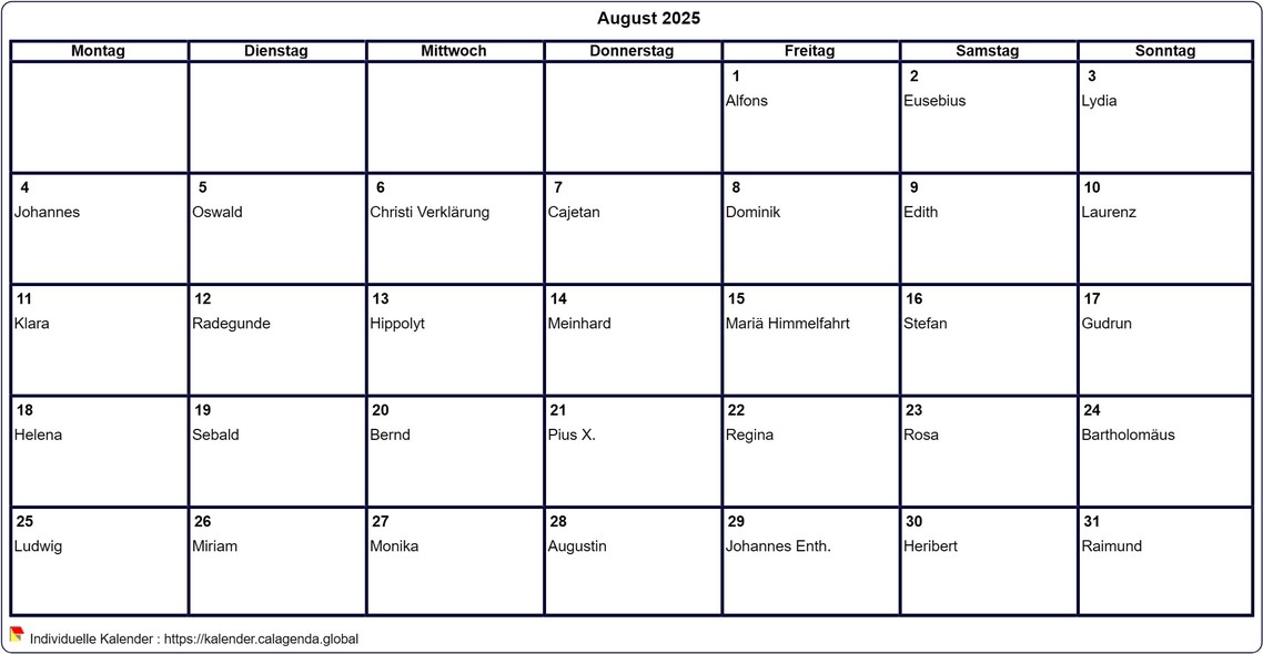 Kalender August 2025 leer ausdrucken