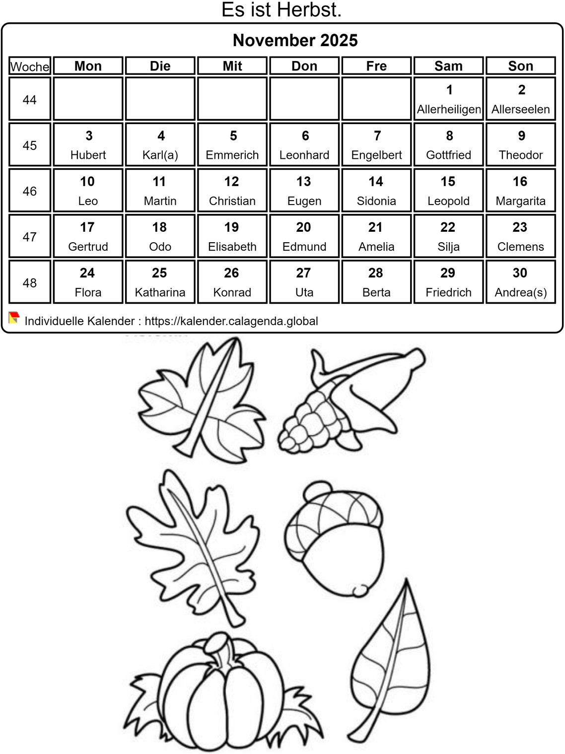 Kalender ausmalen November 2025