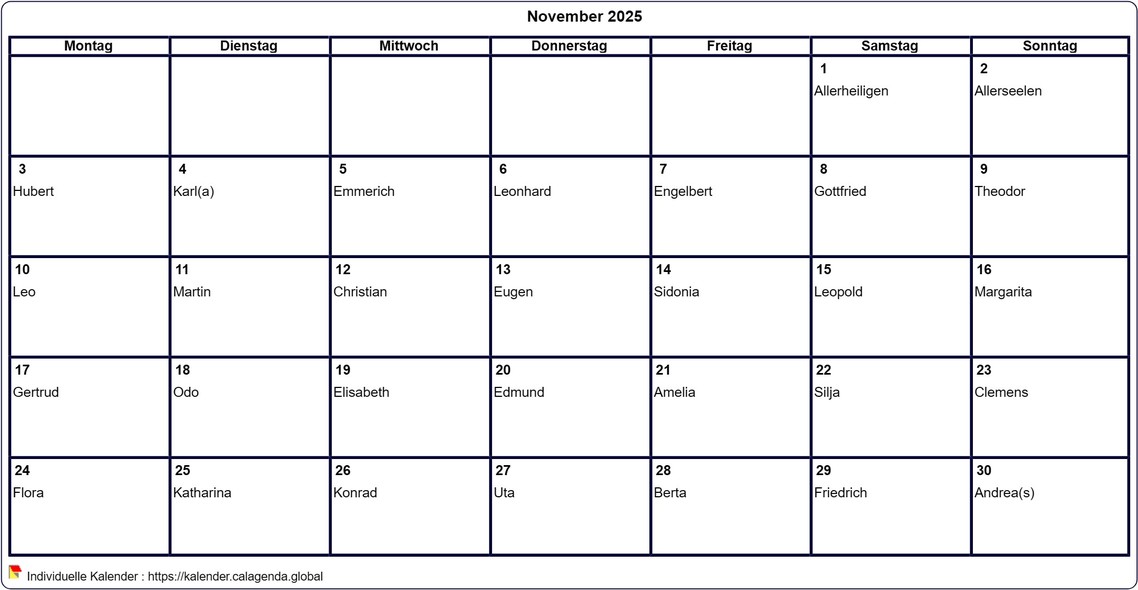 Kalender November 2025 leer ausdrucken