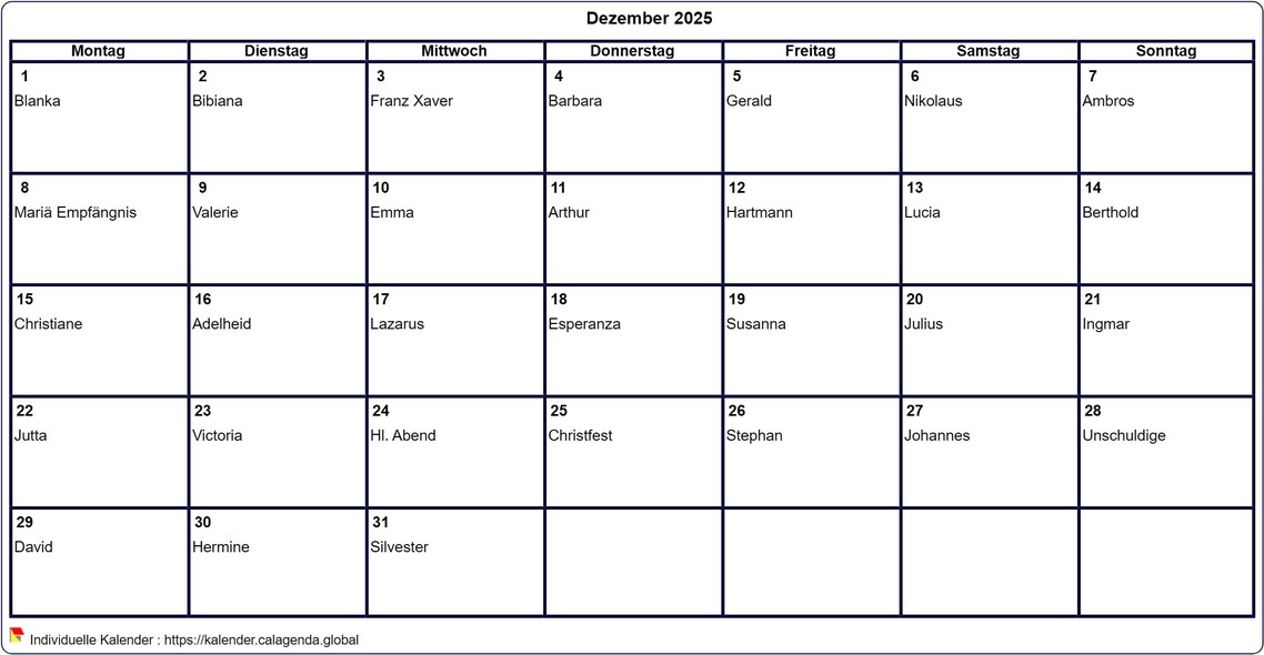 Kalender Dezember 2025 leer ausdrucken