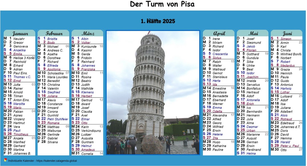 Kalender 2025 Halbjahreskalender in Spalten mit Foto in der Mitte