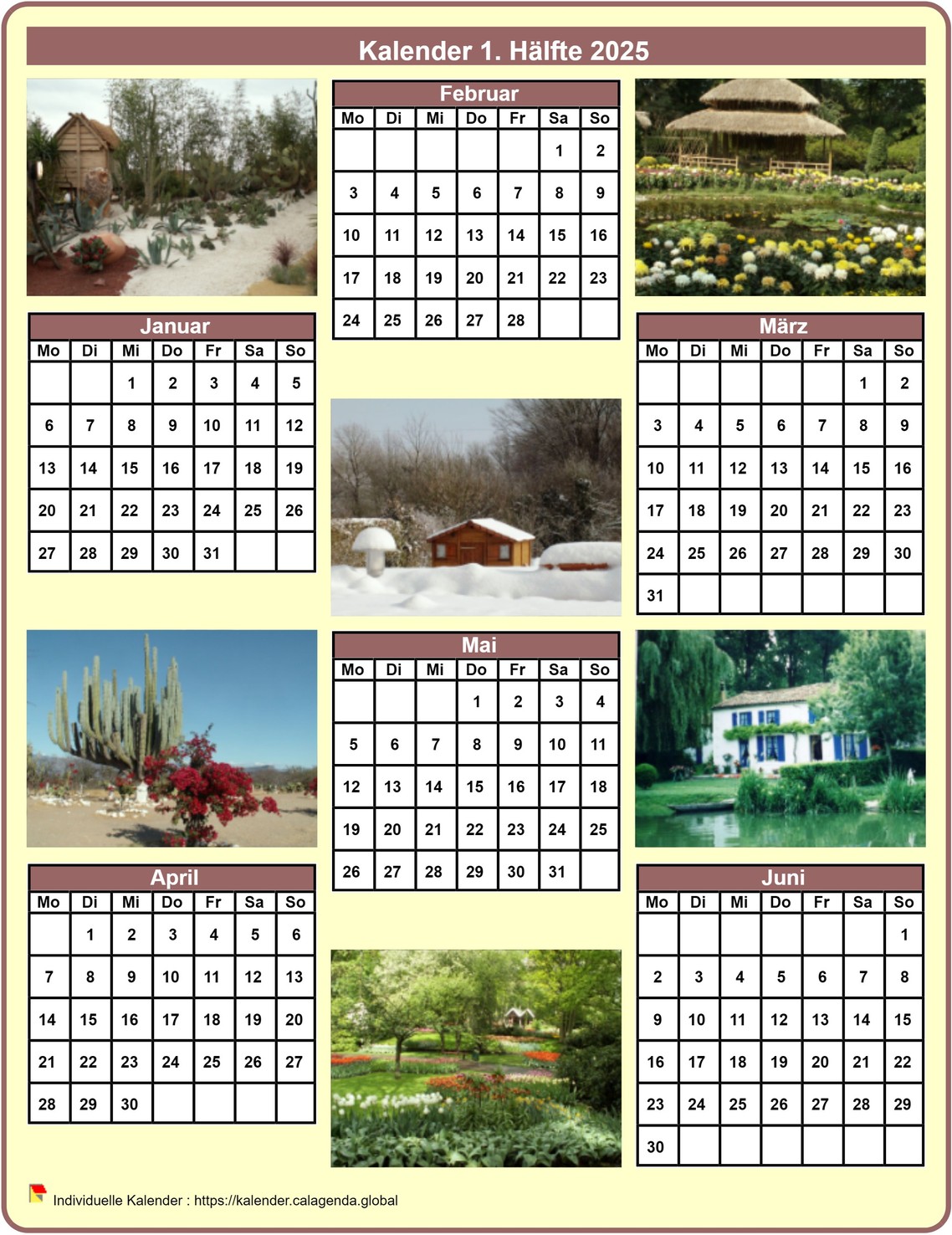 Kalender 2025 Halbjahr mit jedem Monat einem anderen Foto