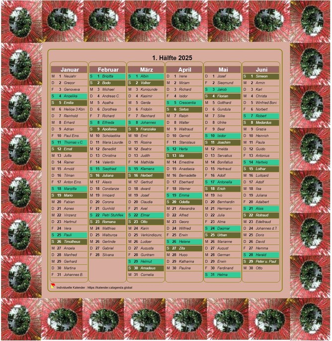 Kalender 2025 Halbjahres-Deko in Spalte, mit Bilderrahmen, Hochformat