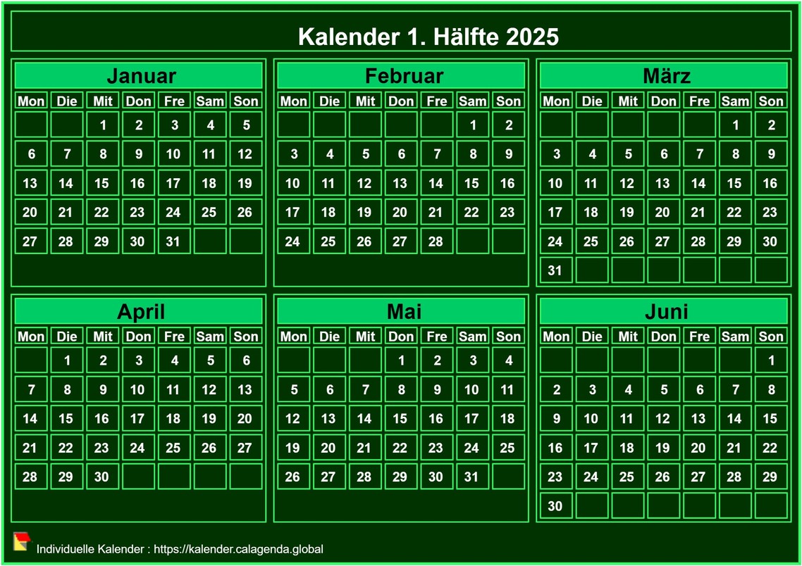 Kalender 2025 zum Ausdrucken, Halbjahr, kleines Taschenformat, grüner Hintergrund