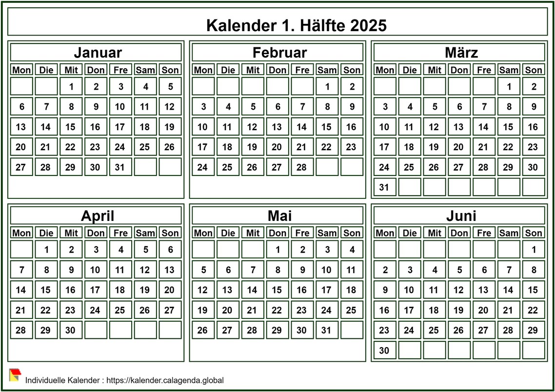 Kalender 2025 zum Ausdrucken, Halbjahr, kleines Taschenformat, weißer Hintergrund