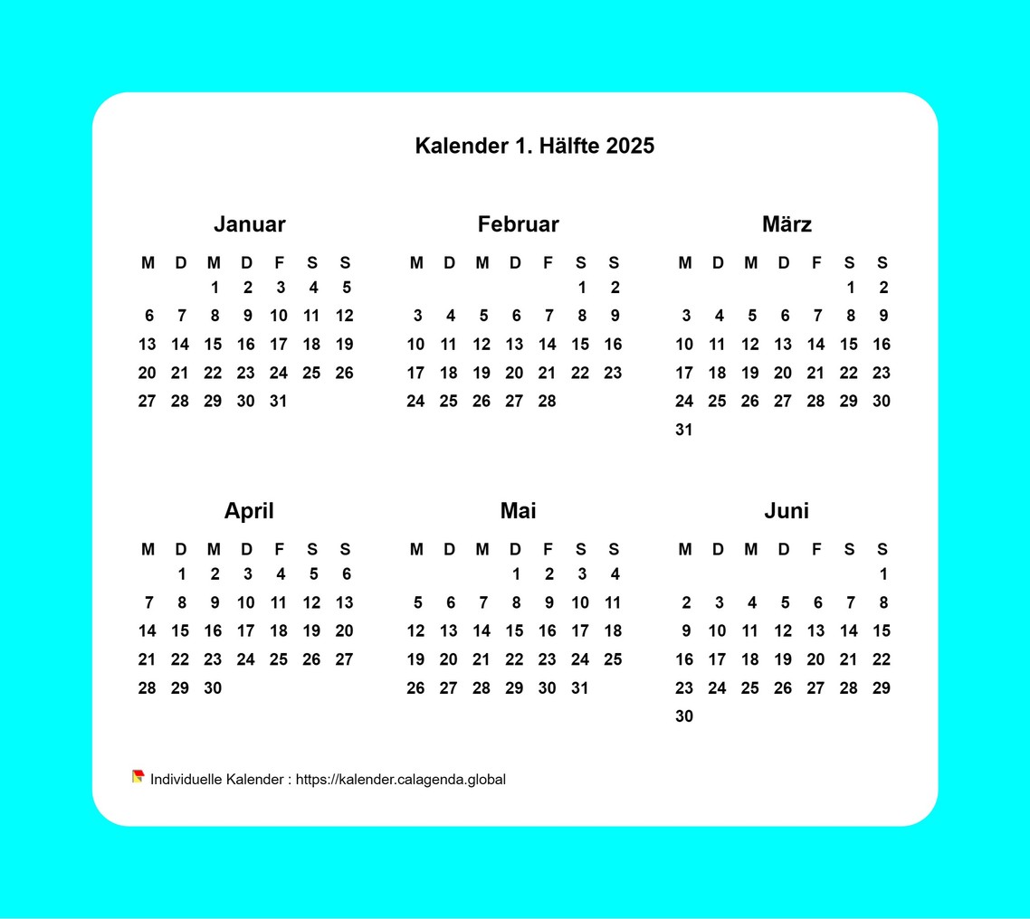 Kalender 2025 Halbjahr mit Rand