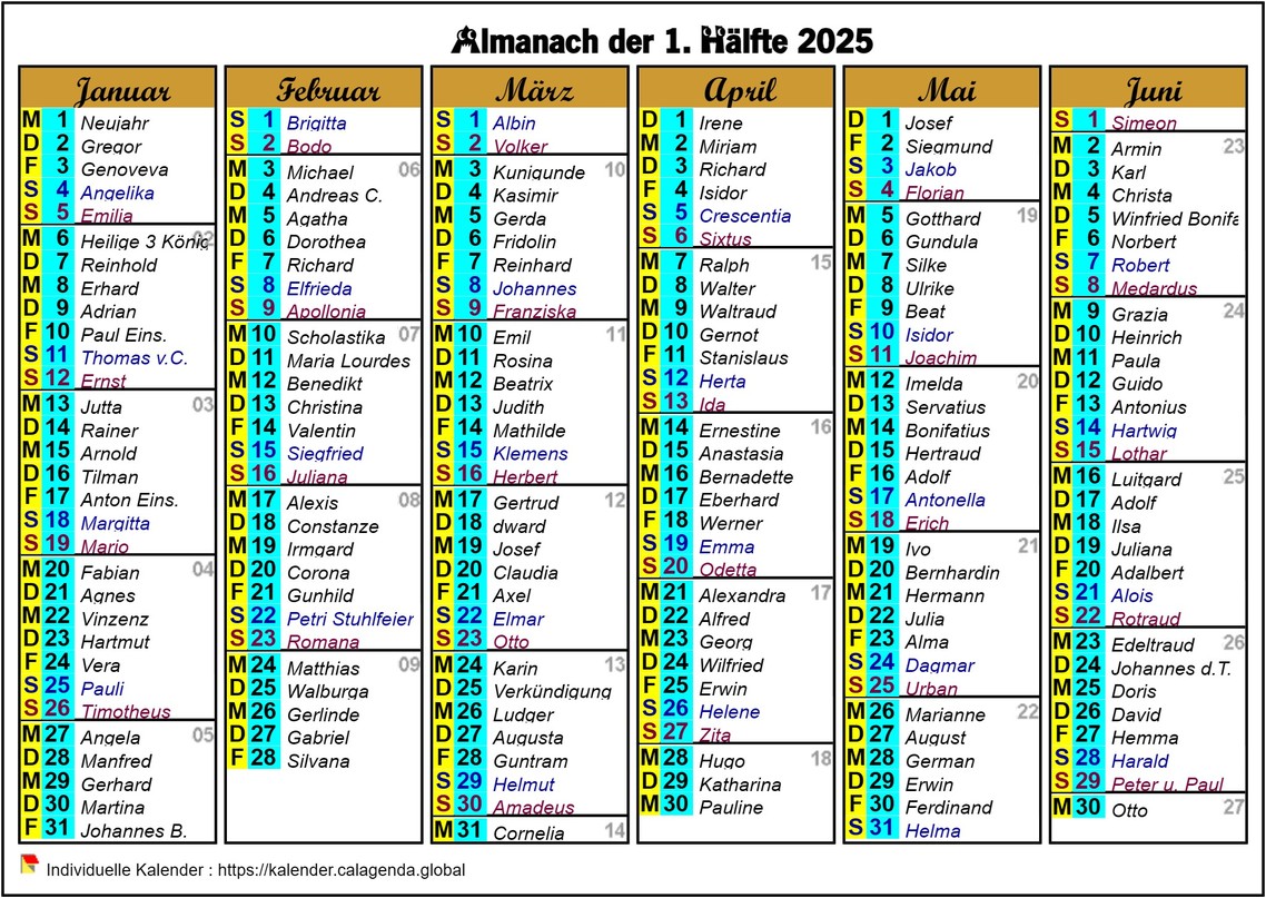 Kalender 2025 Halbjahr sechsspaltig im Querformat
