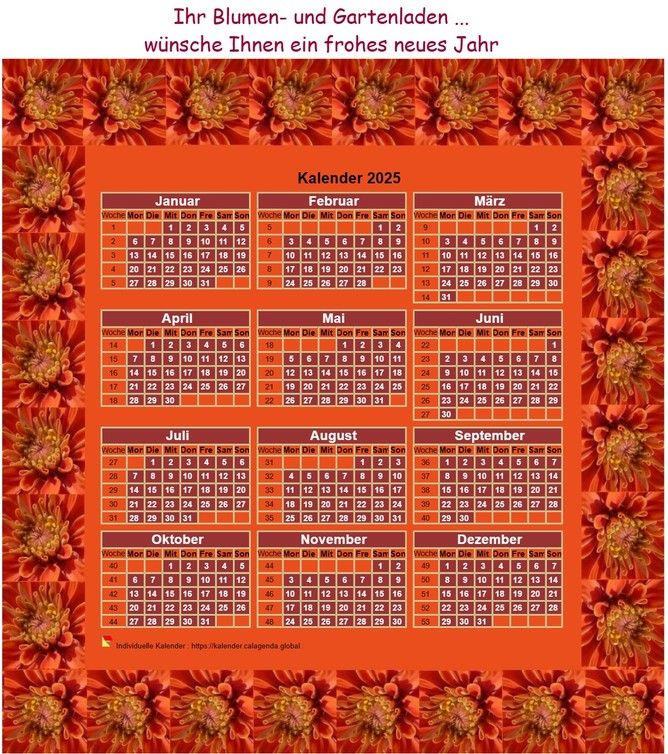 Kalender 2025 jährlich zum Ausdrucken, 3 Spalten, 4 Zeilen