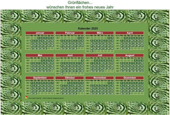 Kalender 2025 dekorativer Jahreskalender zum Ausdrucken, mit Rahmen Foto grün