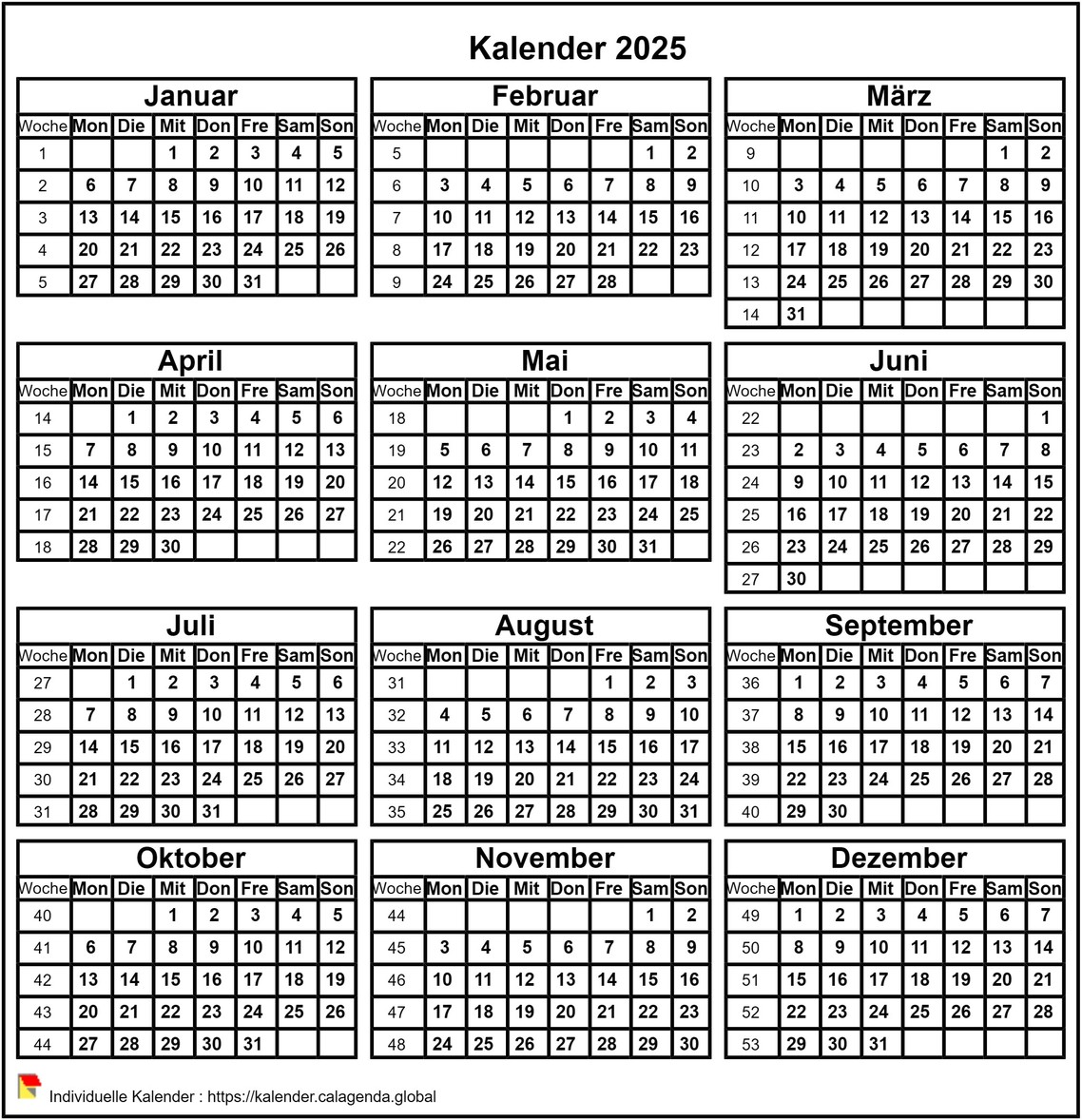 Kalender im 2025-Format im Hochformat