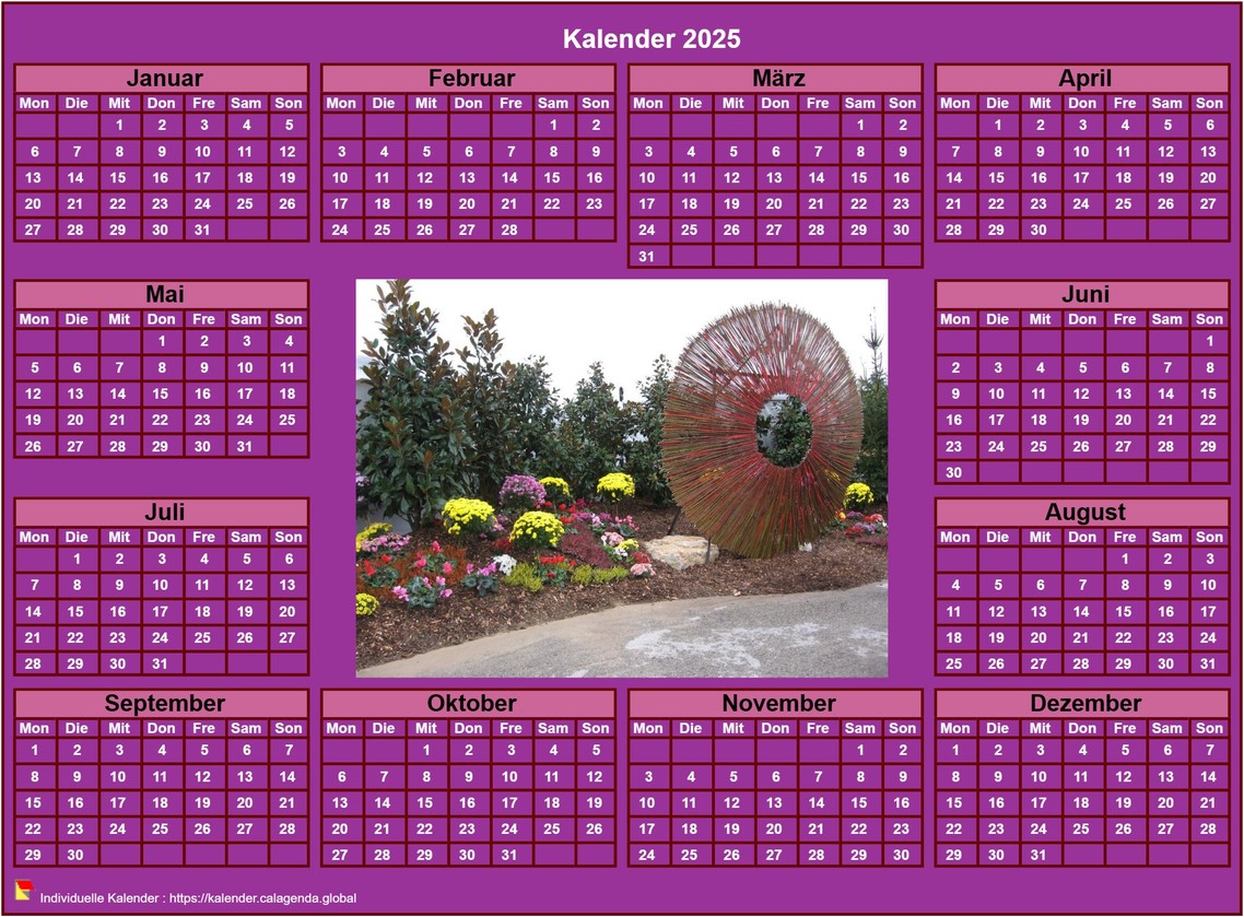 Kalender 2025 Fotojahreskalender zum Ausdrucken, rosa Hintergrund, Querformat, Tisch oder Wand