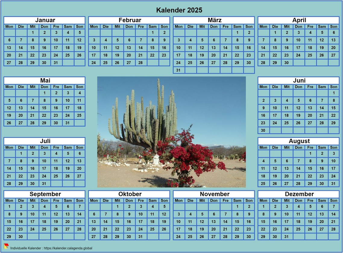 Kalender 2025 Foto-Jahreskalender zum Ausdrucken, Hintergrund Cyan, Format Querformat, Tisch oder Wand