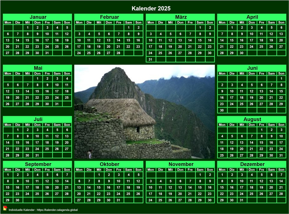 Kalender 2025 Fotojahreskalender zum Ausdrucken, Querformat, grüner Hintergrund