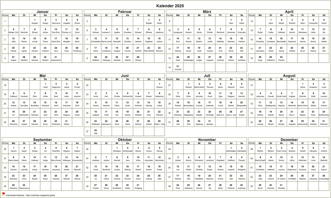  2025 Jahreskalender zum Ausdrucken, Format Querformat, Tisch oder Wand