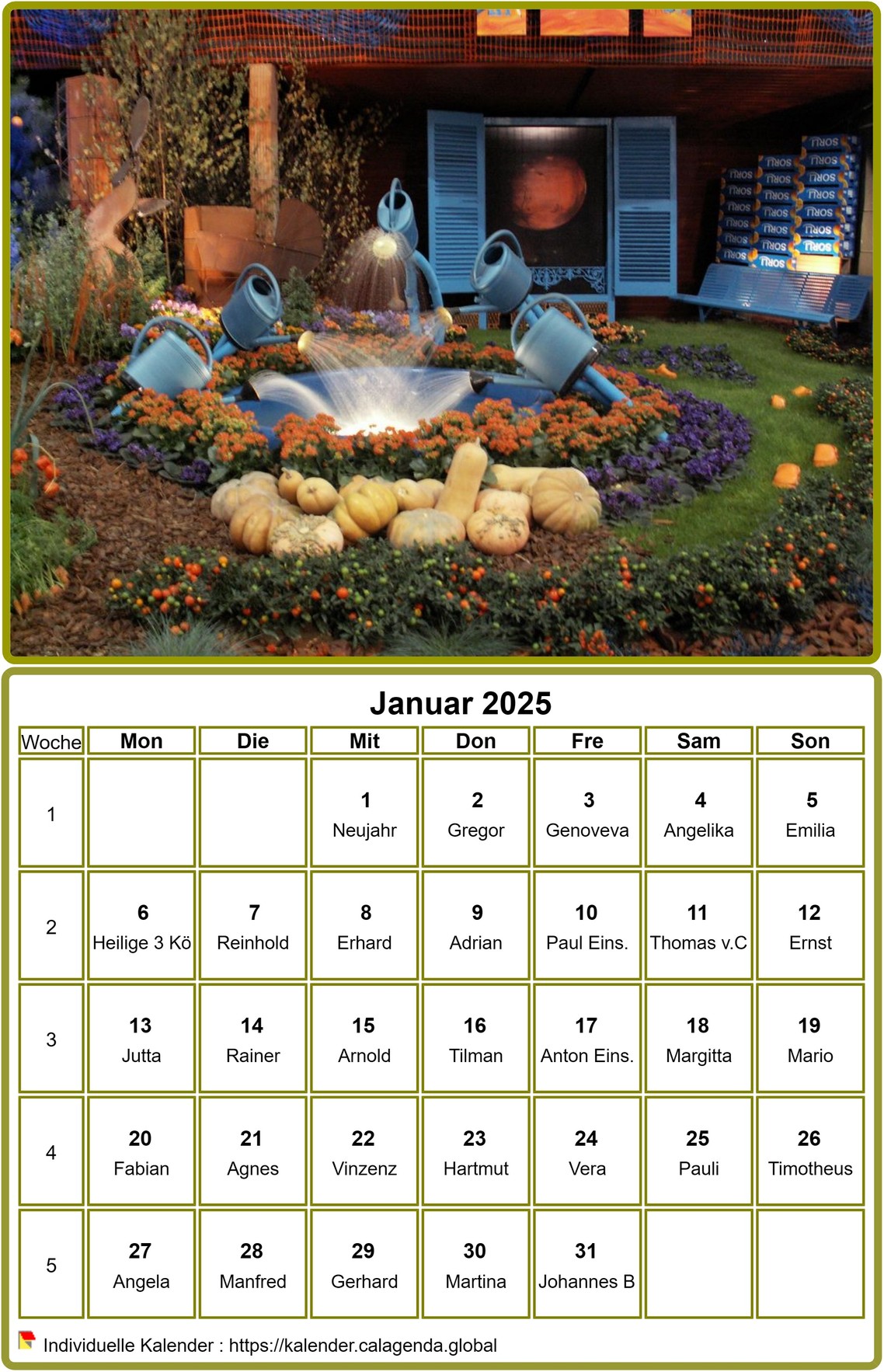 Kalender 2025 zum Ausdrucken, monatlich, mit Foto oben