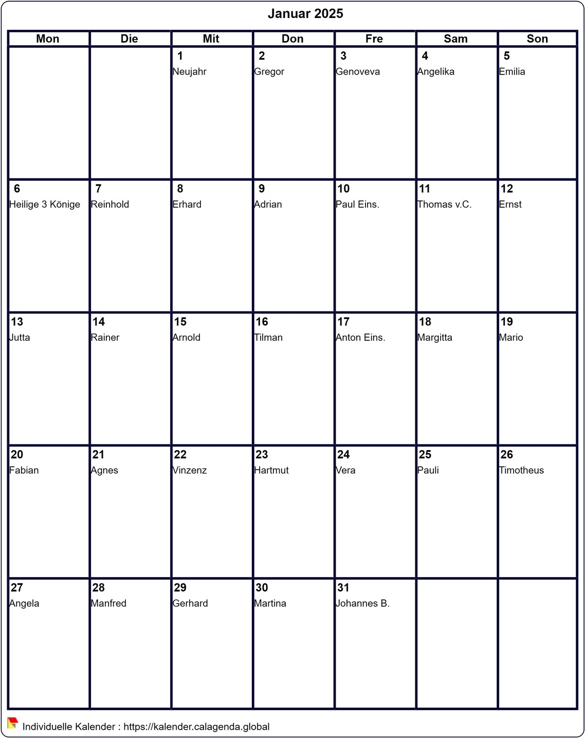 Kalender monatlich 2025 zum Ausdrucken jungfräulich, Format Hochformat