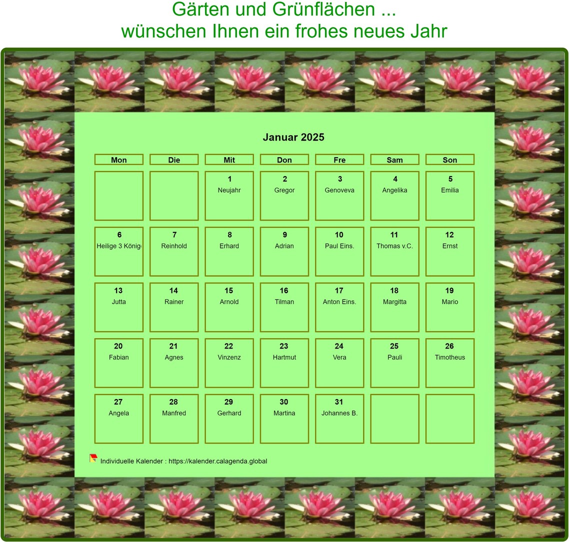 Kalender 2025 dekorative Agenda monatlich, Rahmen mit Seerosenmotiven