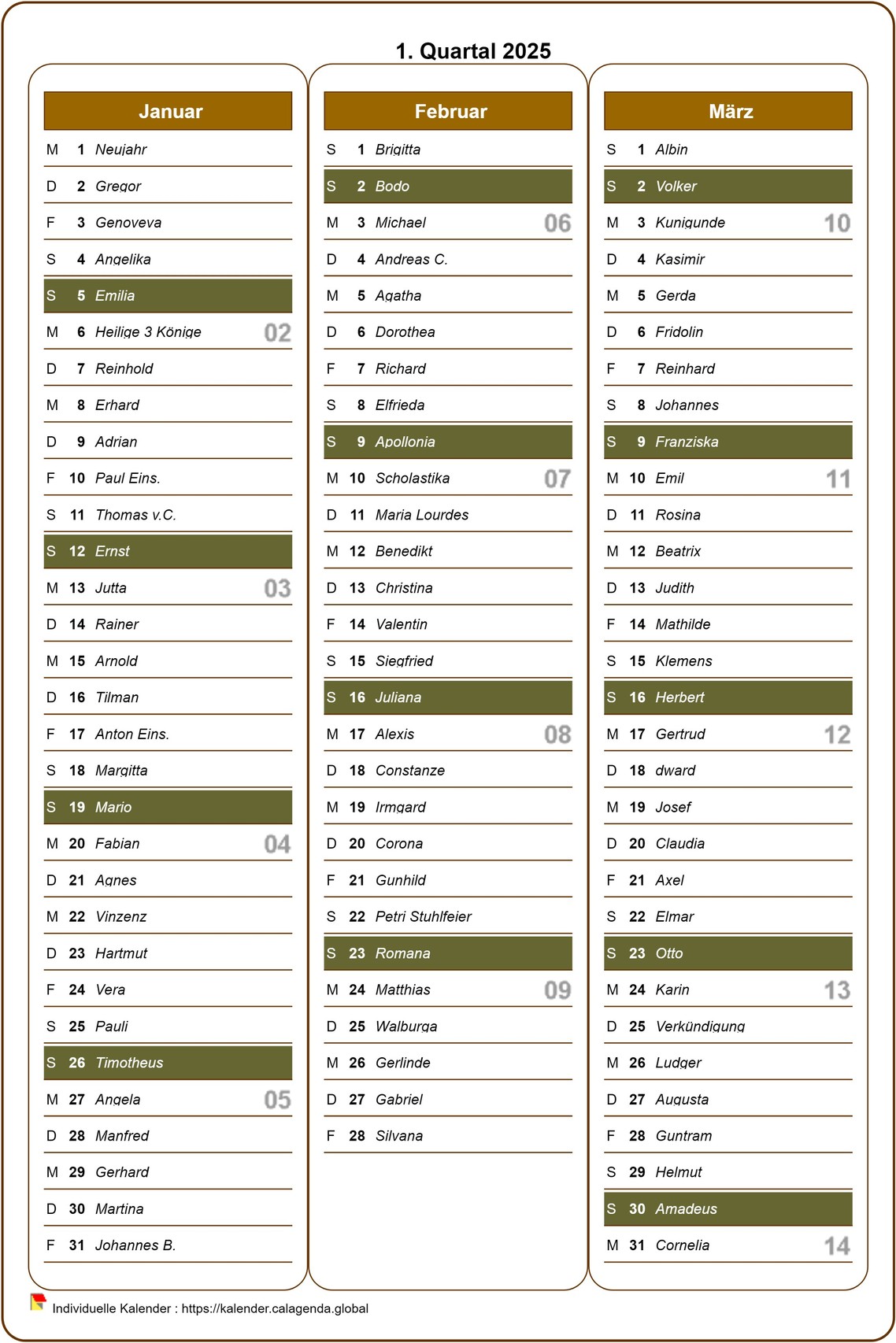 Kalender 2025 vierteljährlich mit ausführlicher Agenda, Format Hochformat, eine Spalte pro Monat