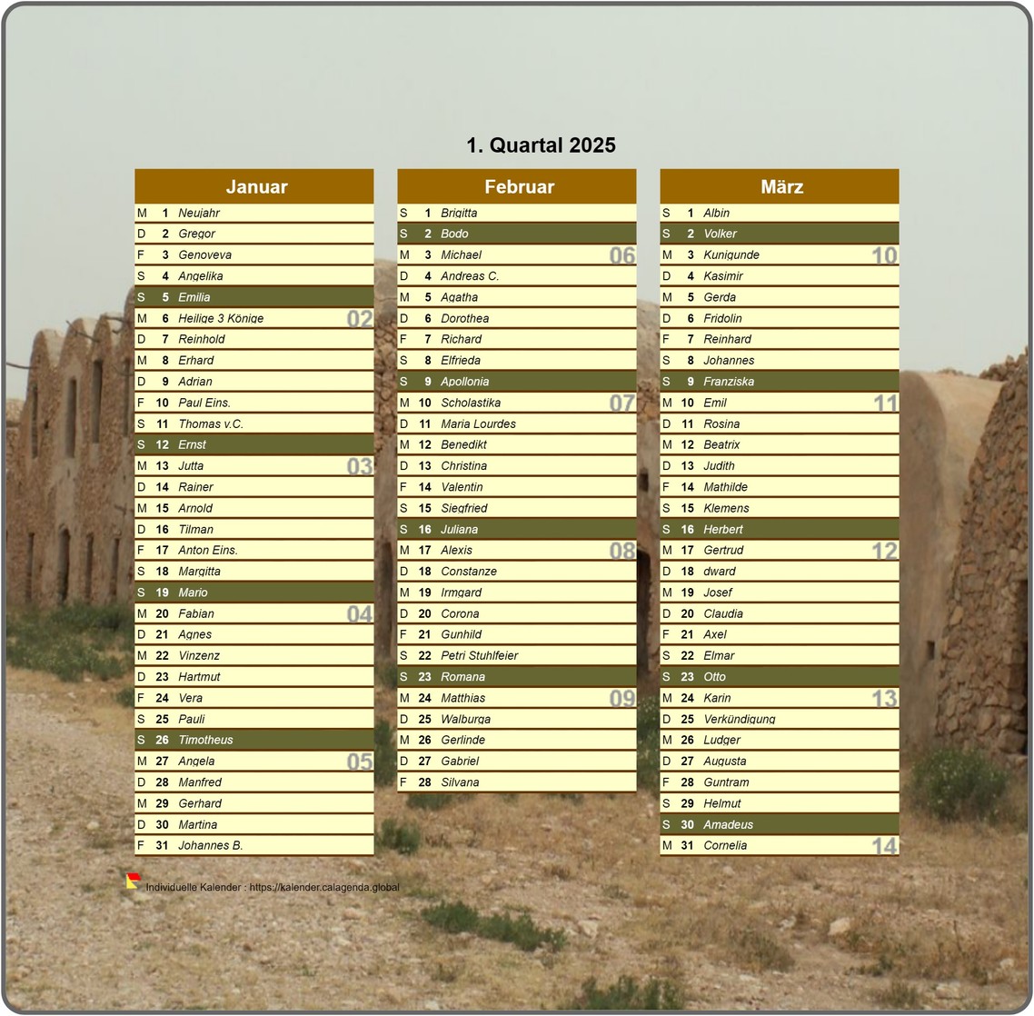 Kalender 2025 vierteljährlich dekorativ mit Foto, Format Hochformat, eine Spalte pro Monat