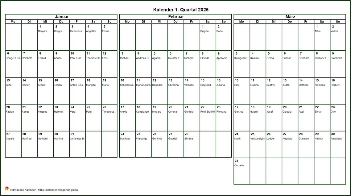 Kalender 2025 zum Drucken vierteljährlich, Format Querformat