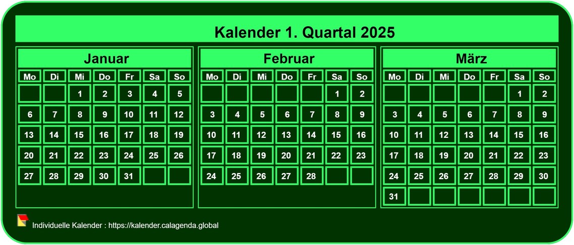 Kalender 2025 zum vierteljährlichen Ausdrucken, kleines Taschenformat, grüner Hintergrund
