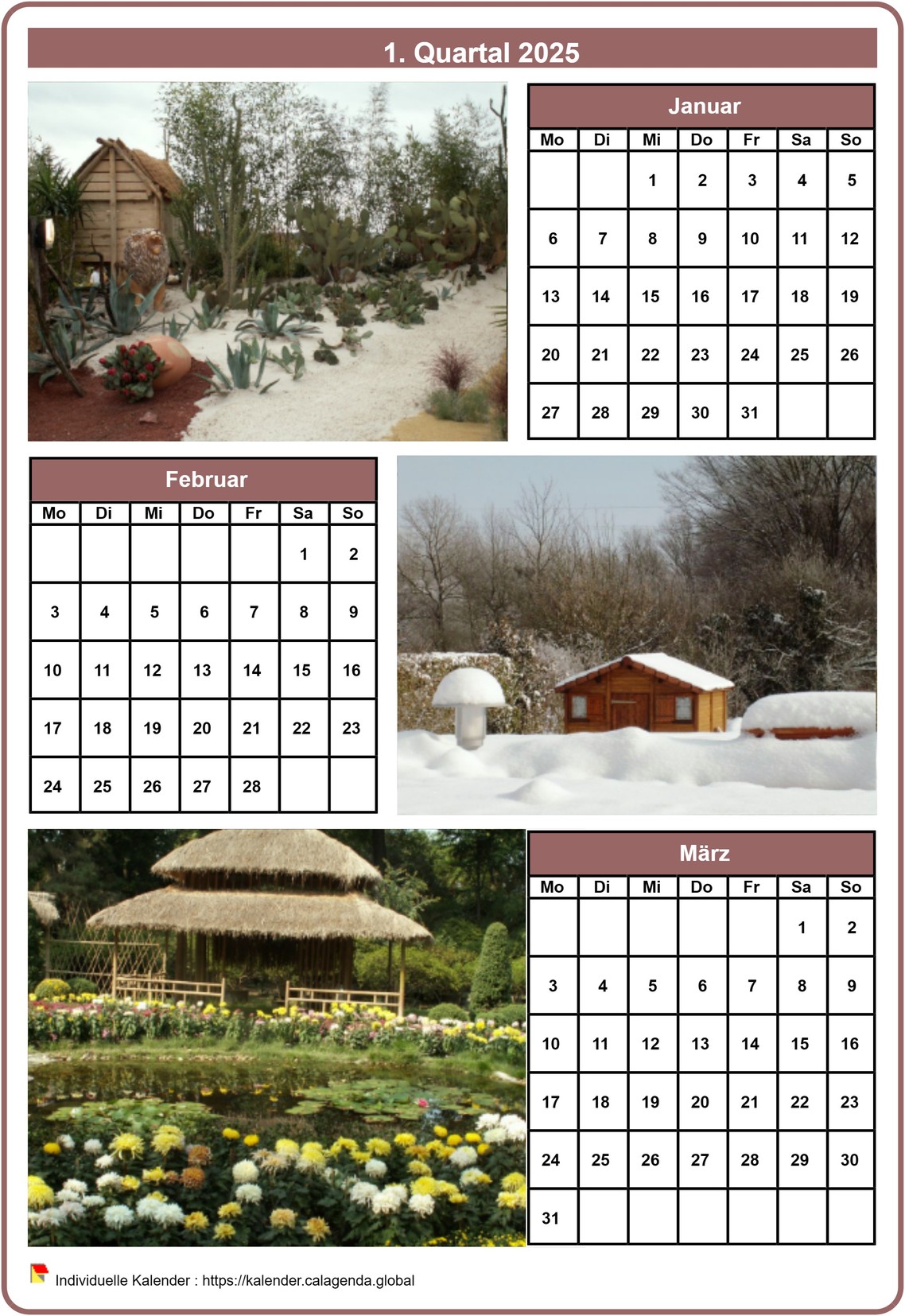 Kalender 2025 vierteljährlich mit jedem Monat einem anderen Foto