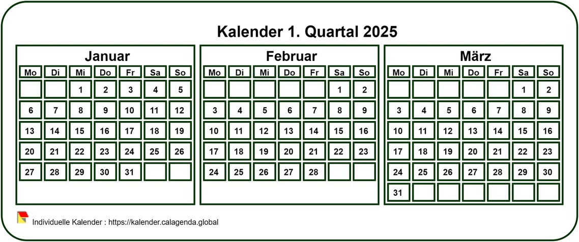 Kalender 2025 zum vierteljährlichen Ausdrucken, kleines Taschenformat, weißer Hintergrund