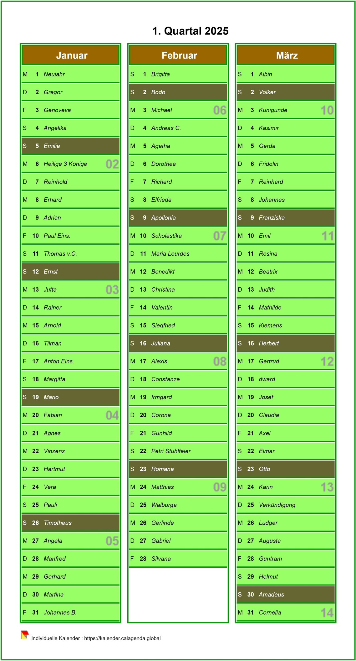 Kalender 2025 mangels Kalender vierteljährliche Agenda, eine Spalte pro Monat