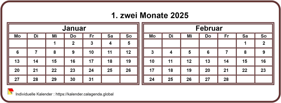 Kalender 2025 zwei Monate, klein horizontal, Taschenformat, weißer Hintergrund