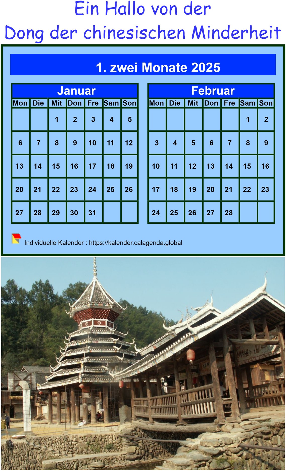 Kalender 2025 dekorativ zum Ausdrucken, zweimonatlich, Format Hochformat, mit Foto darunter