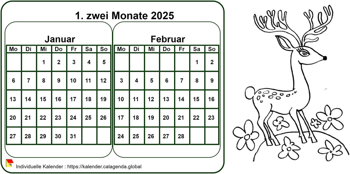 Kalender 2025 zum Ausmalen zweimonatlich, Format Querformat, für Kinder