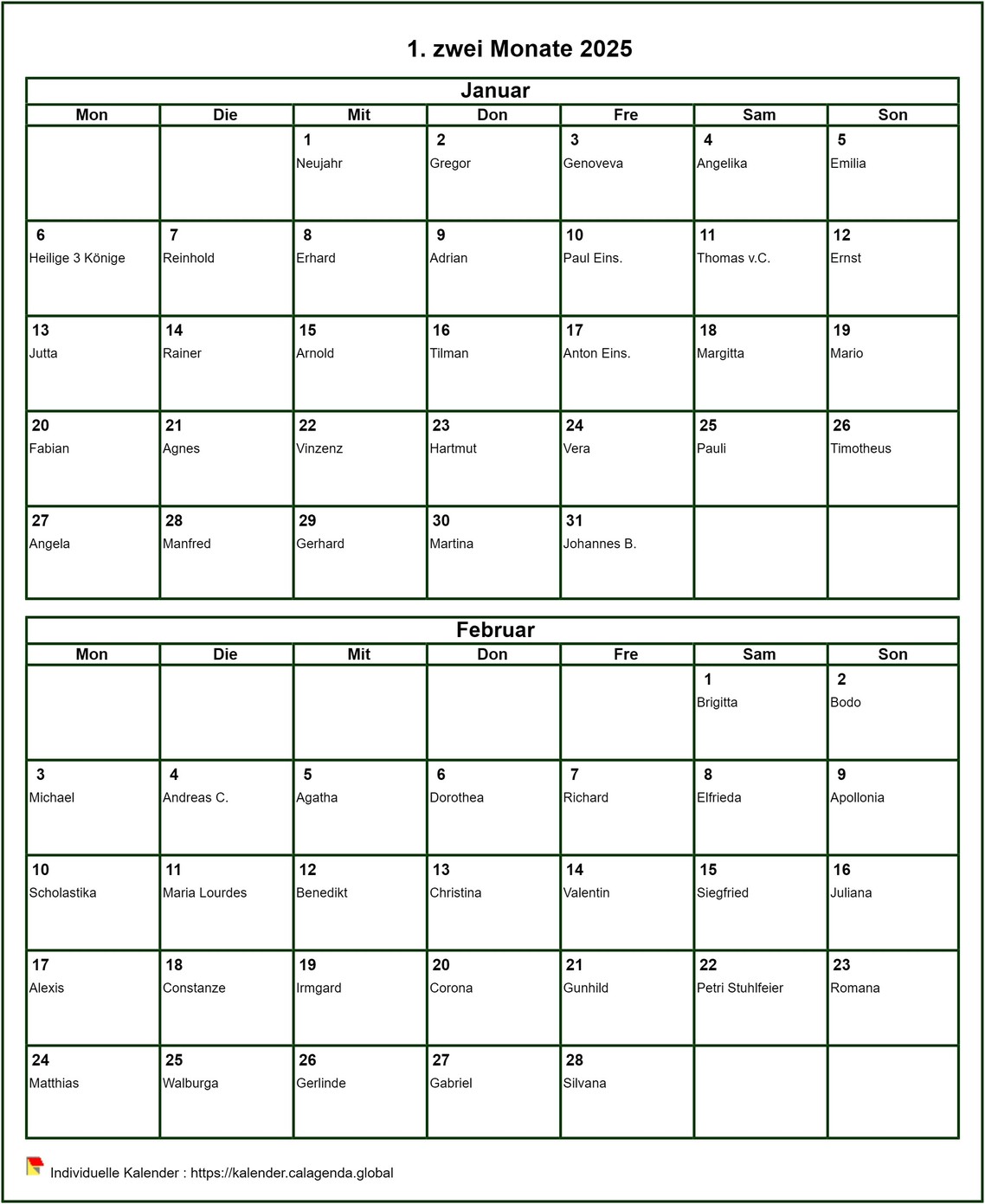 Kalender 2025 14-monatlich, Format Hochformat, mit Namen