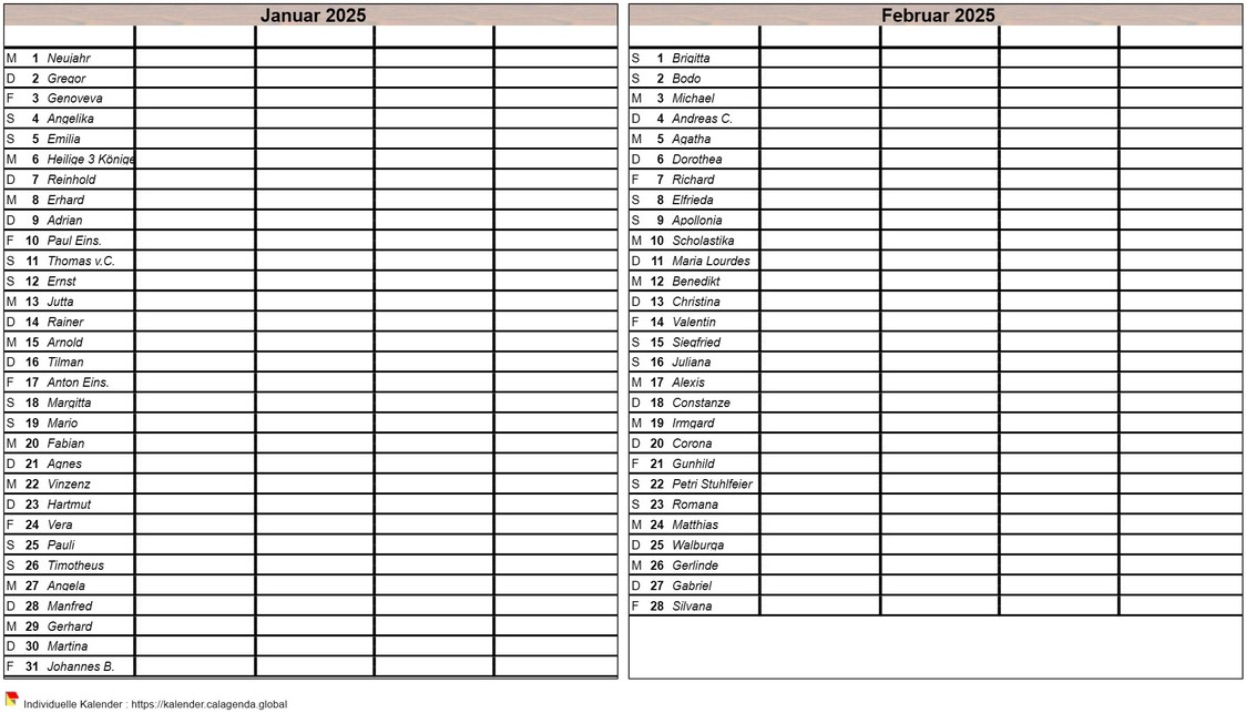 Kalender 2025 virgin Zweimonatsplanung, Format Hochformat, 4 Spalten