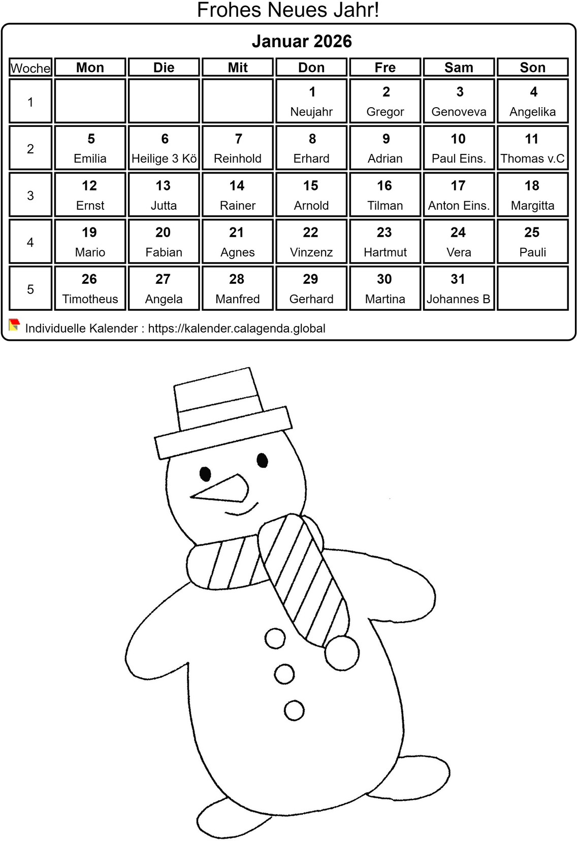 Kalender ausmalen Januar 2026