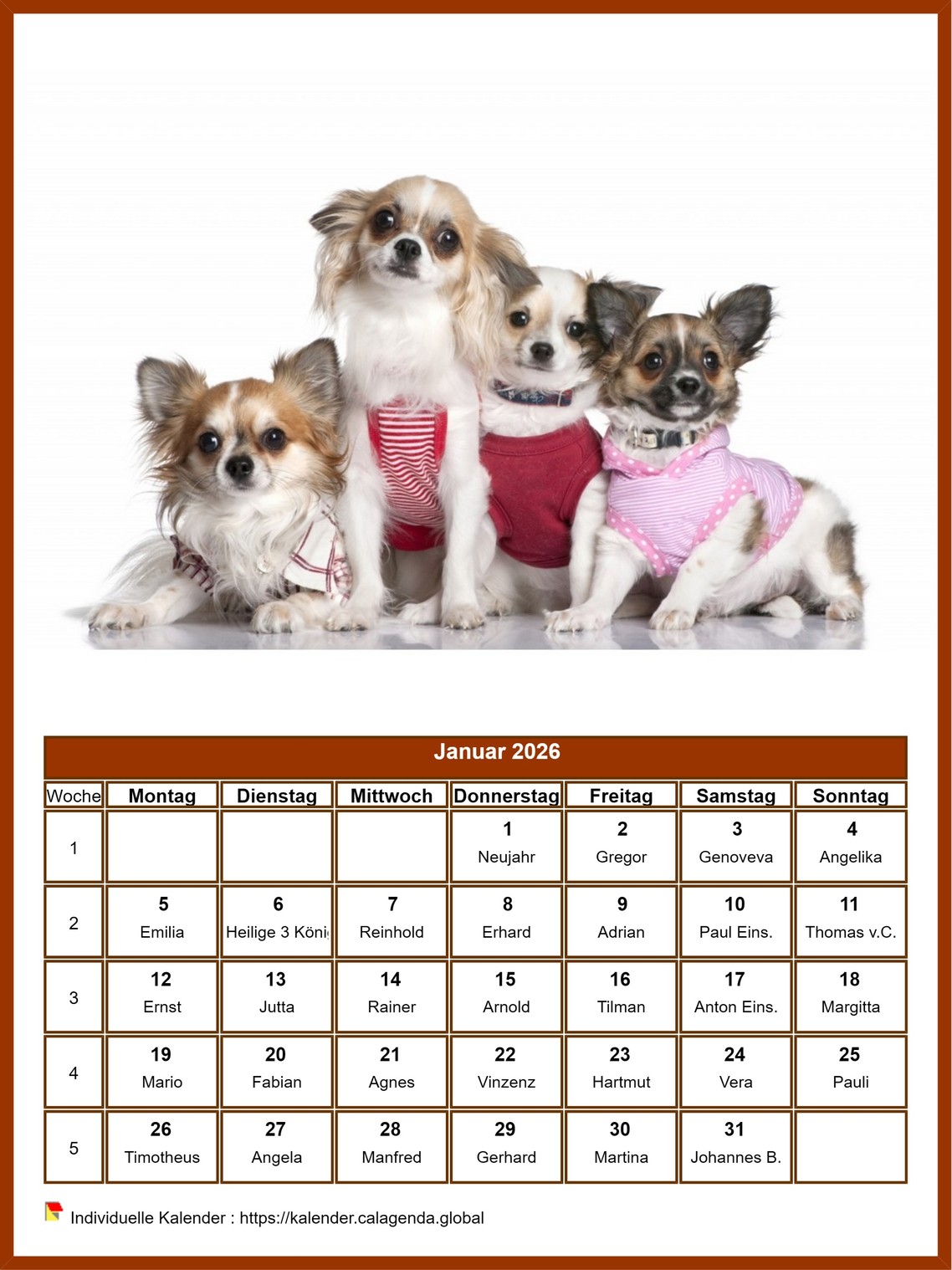 Kalender Januar 2026 Hunde