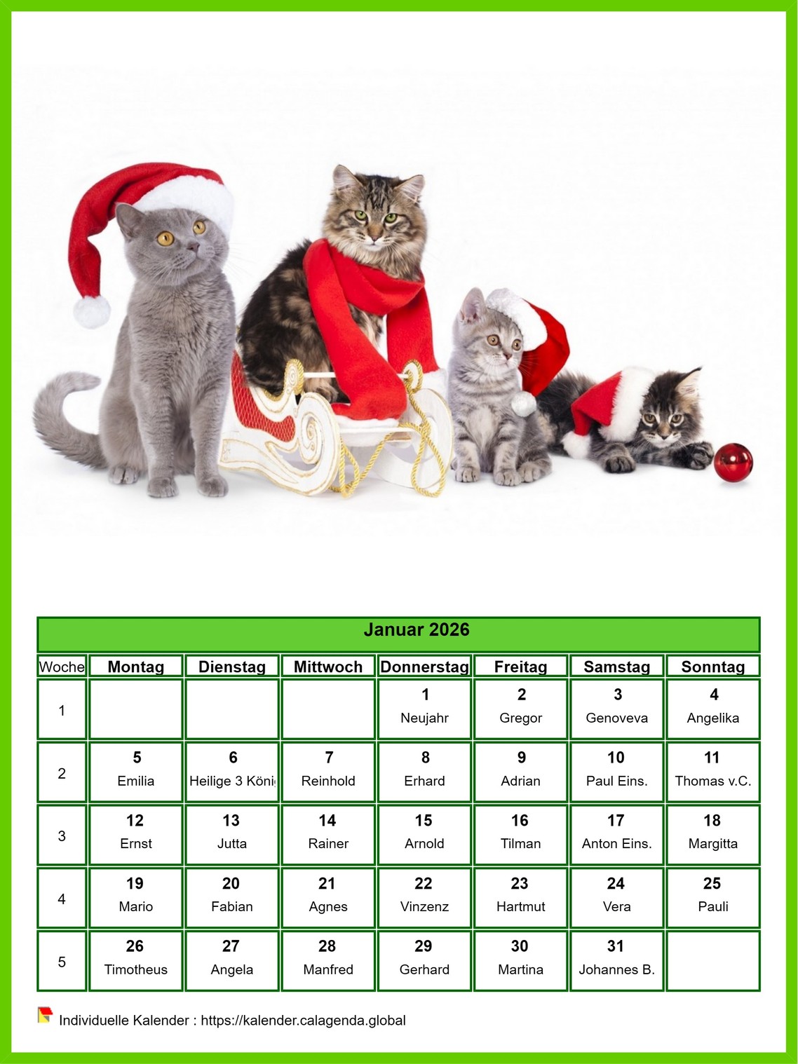 Kalender Januar 2026 Katzen