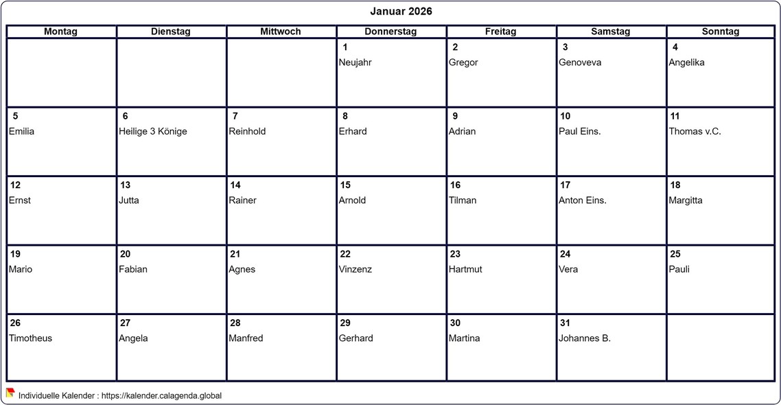 Kalender Januar 2026 leer ausdrucken