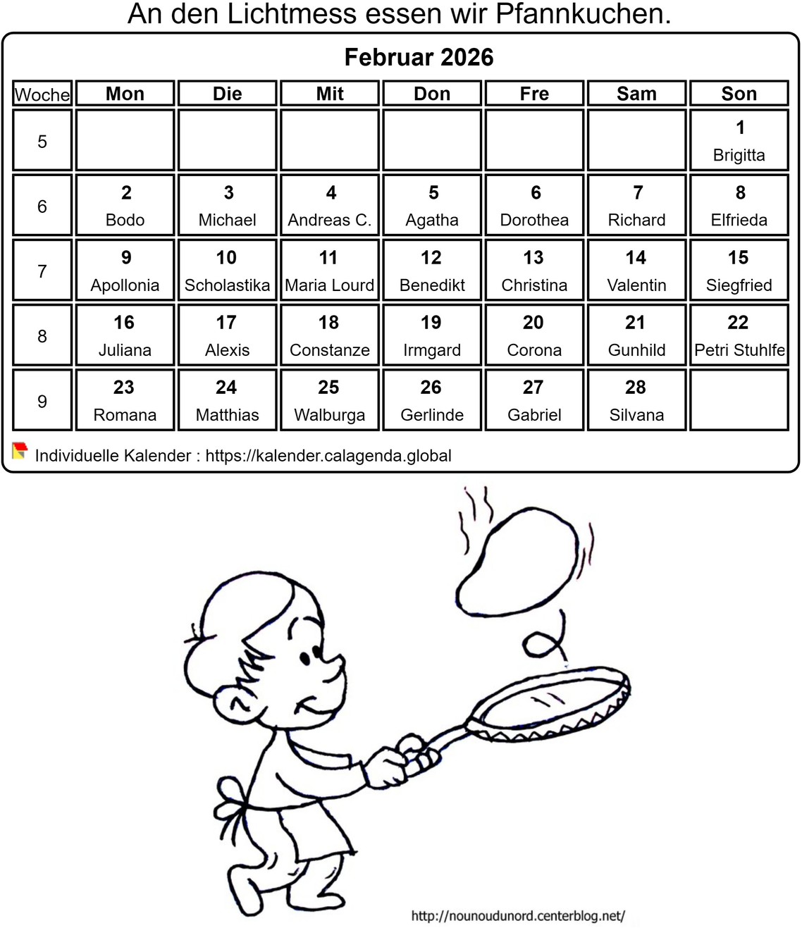 Kalender ausmalen Februar 2026