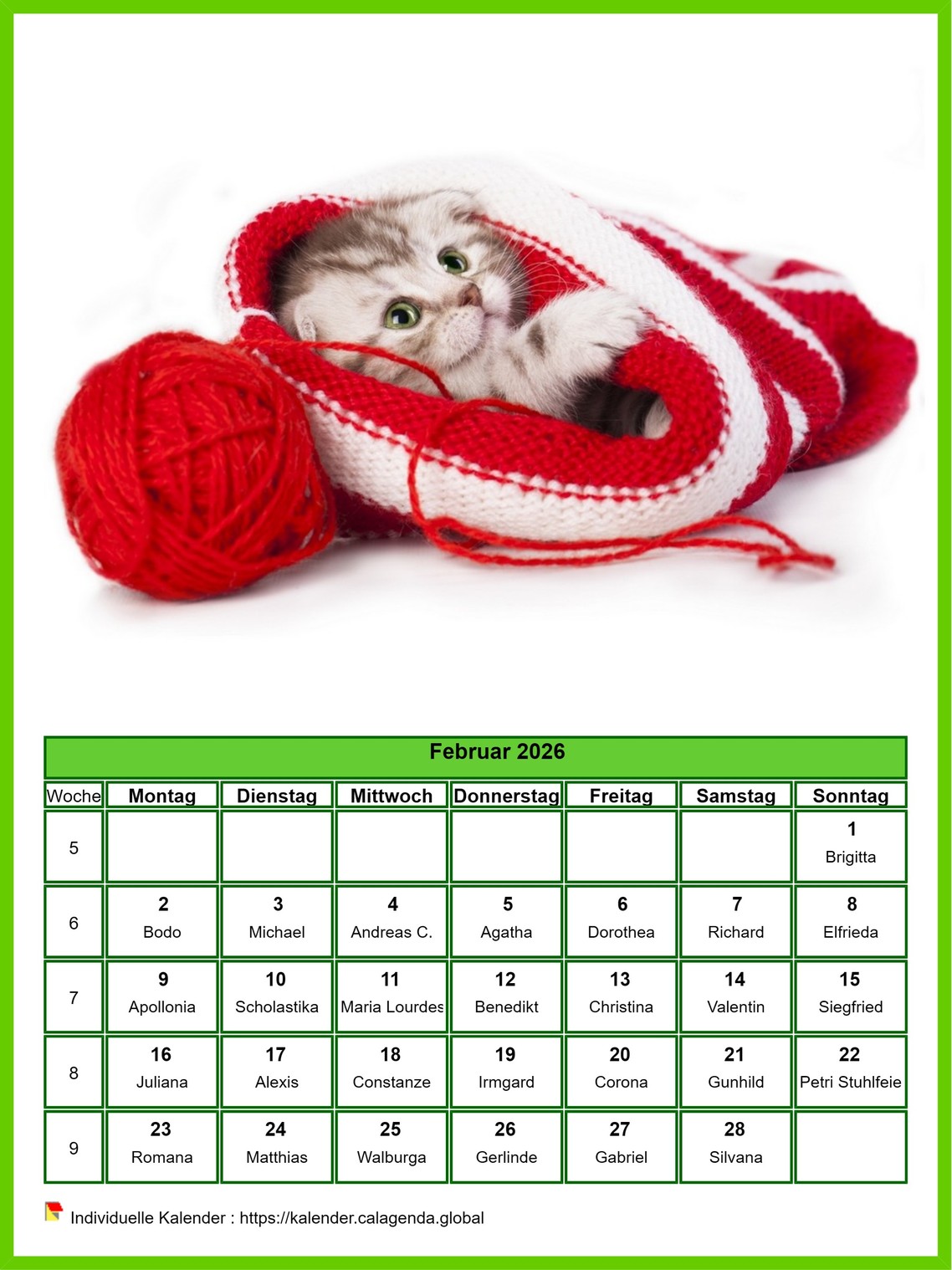 Kalender Februar 2026 Katzen