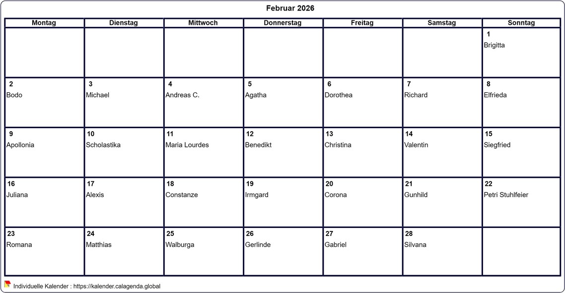 Kalender Februar 2026 leer ausdrucken