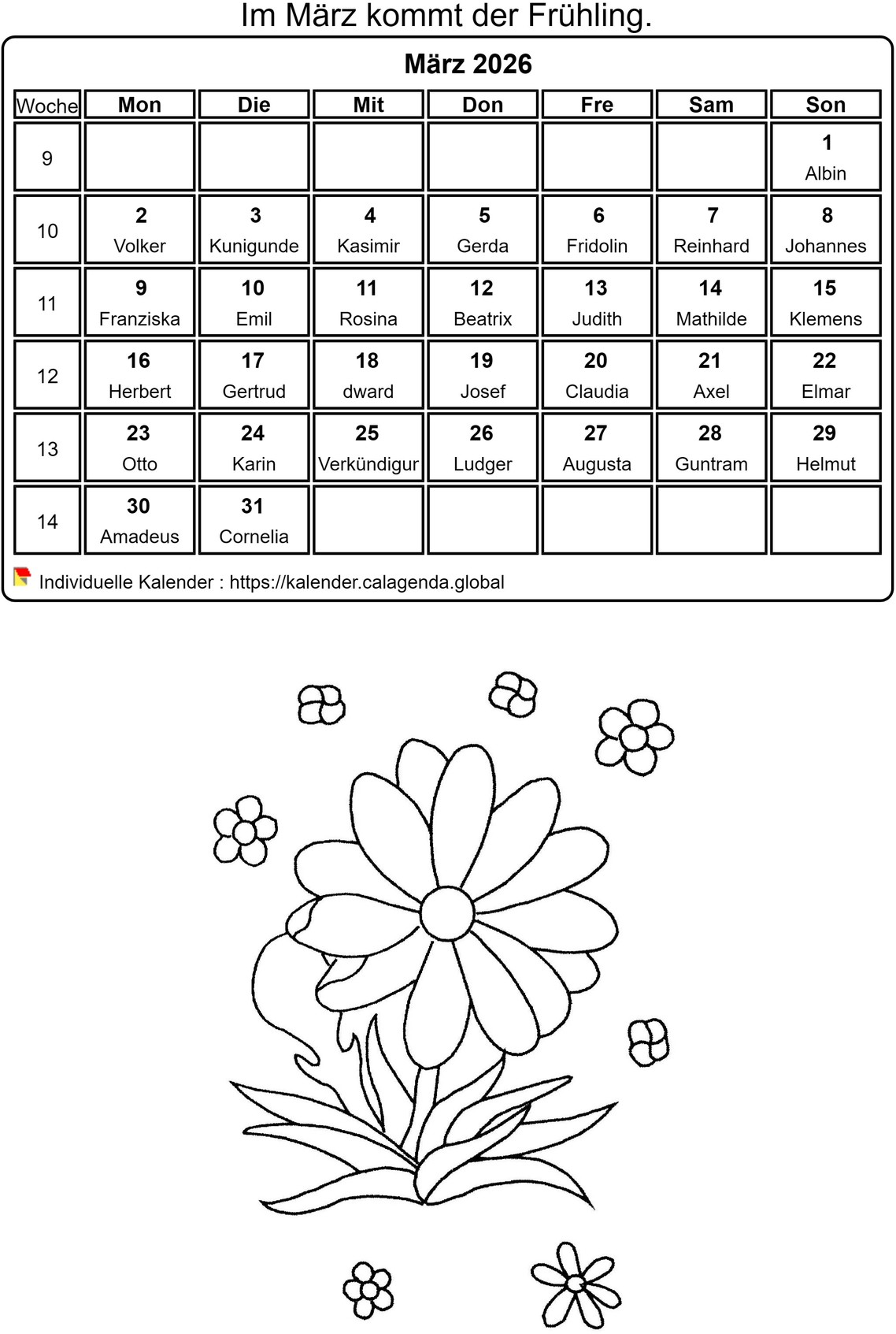 Kalender ausmalen März 2026