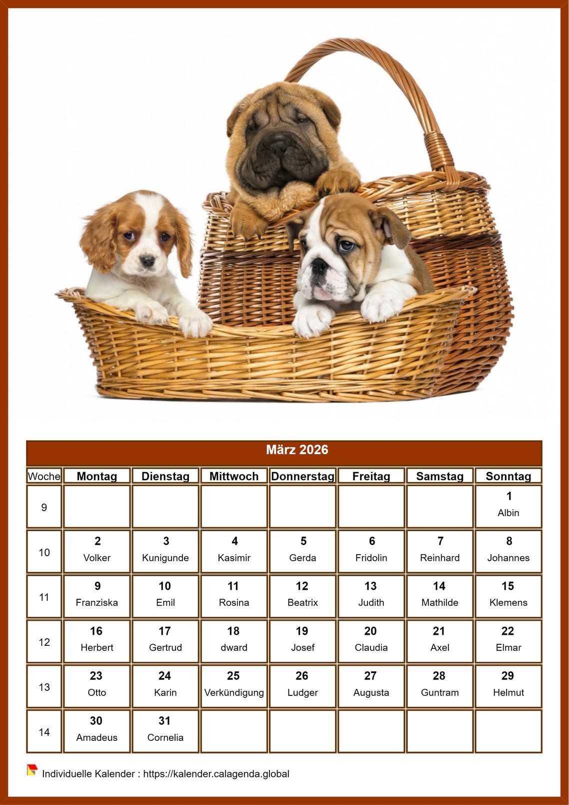 Kalender März 2026 Hunde